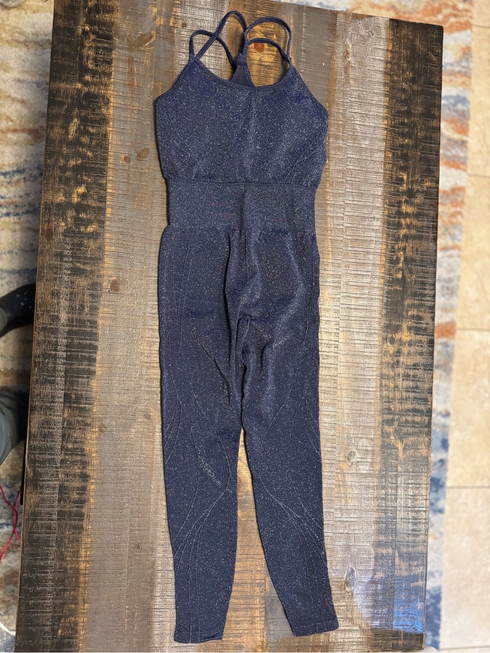 Fabletics x Khloé Kardashian Seamless Lurex Sparkle Romper glittery strappy back